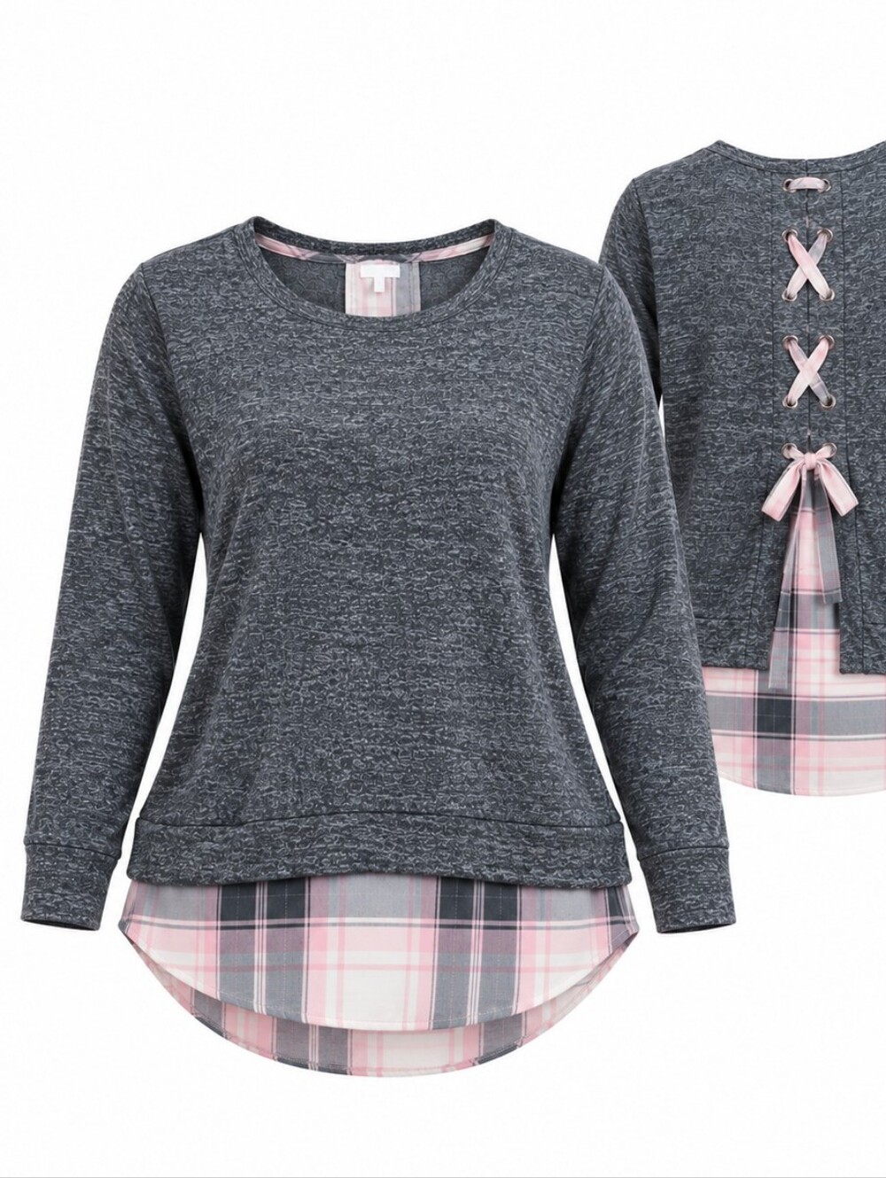 MAURICES | Plaid Back Lace Up Tunic Pullover Sweatshirt Pink Gray | XL